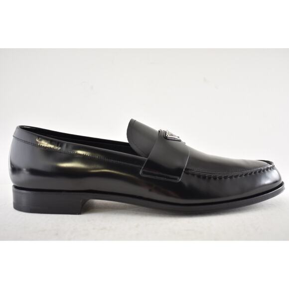 Prada Black Brushed Leather Triangle Logo Classic Loafer SlipOn Flat UK 12 US 13 main image 7